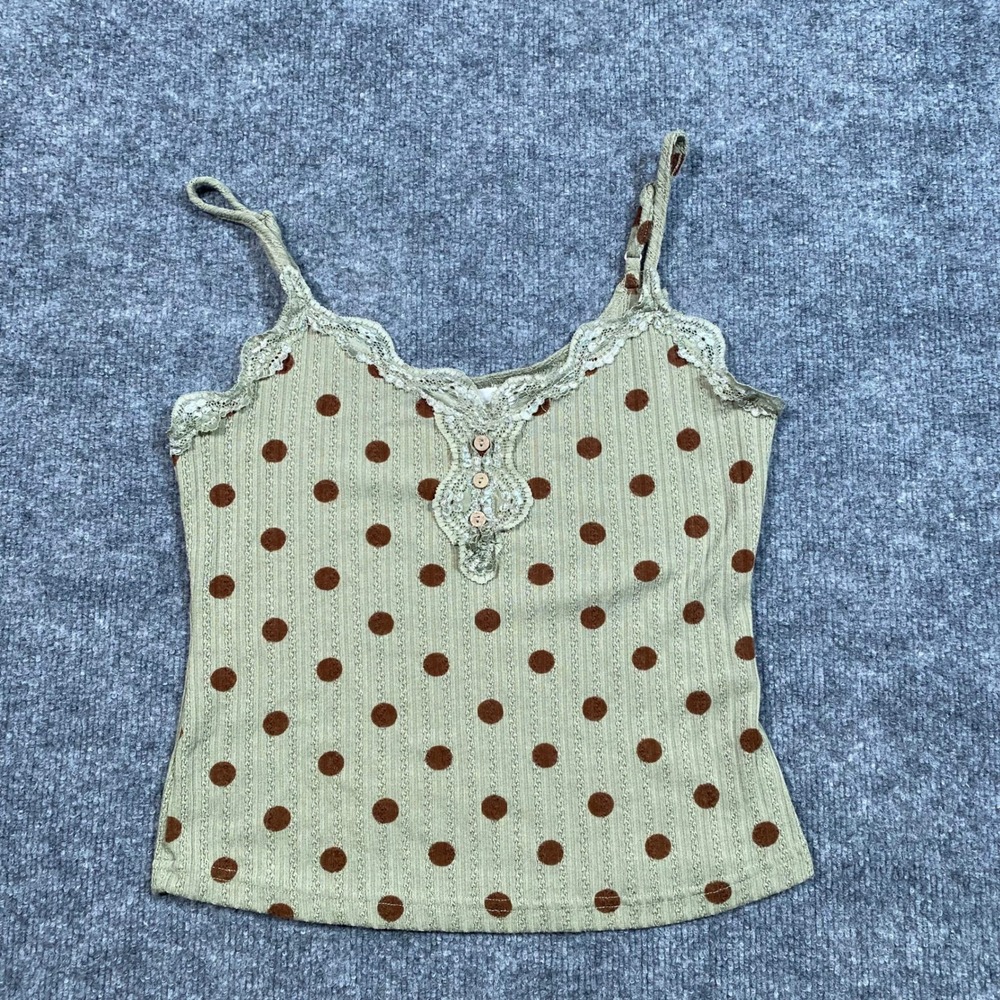 Blu Pepper Cozy Life Sage Green‎ Brown Polka Dot Lace Trim Pointelle Cami Top M